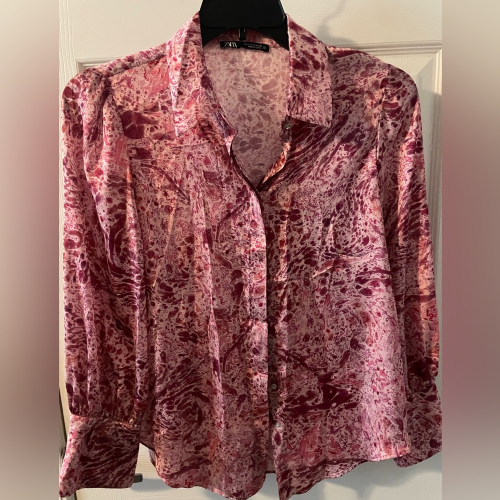 Pink Silky Button Up Blouse Long Sleeve Blouse from ZARA